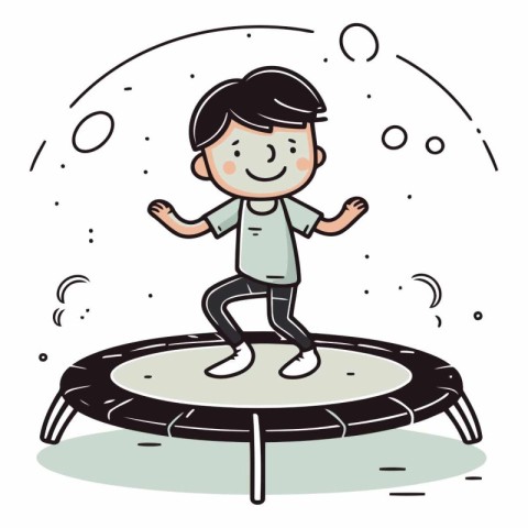 Boy jumping on trampoline in cartoon style.