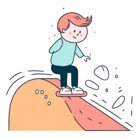 Vector illustration of a little boy riding a skateboard on the h