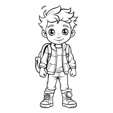 Cute little boy with backpack for coloring book.