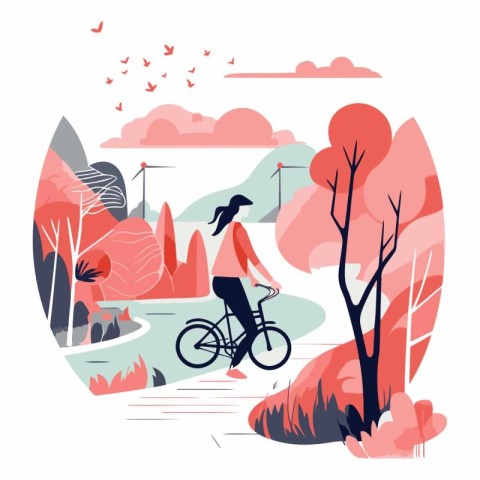 Young woman riding bicycle in autumn park in flat style