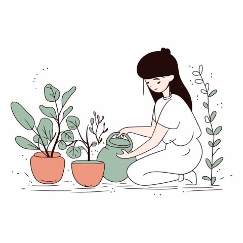 Young woman watering plants in pots in flat style.