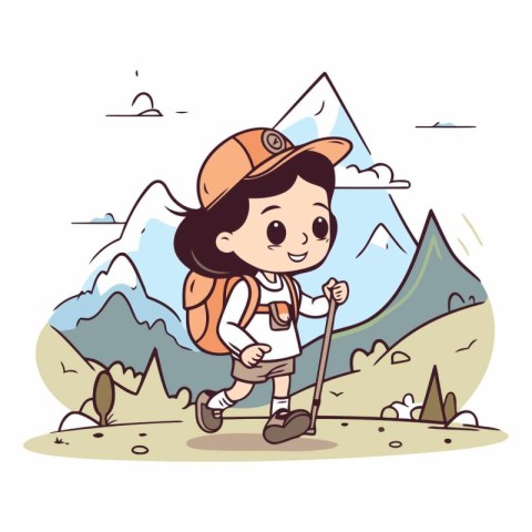 Cute little girl hiking in the mountains in cartoon style.