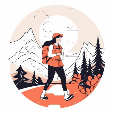 Vector illustration of a female hiker with a backpack hiking in