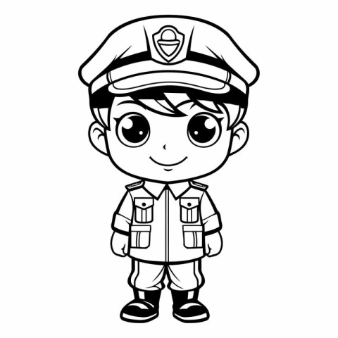 Black and White Cartoon Illustration of Little Boy Police Office