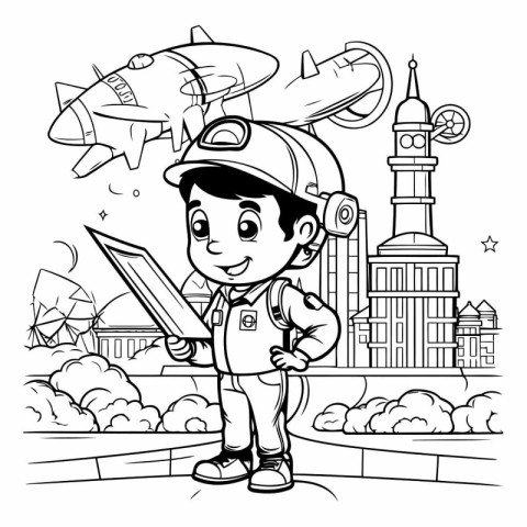 Black and White Cartoon Illustration of Kid Boy Astronaut or Ast