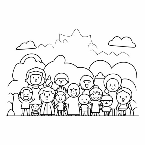 Happy family with children in the park. Vector line art illustra