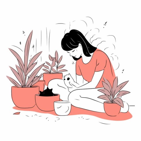 Woman taking care of her house plants in sketch style.