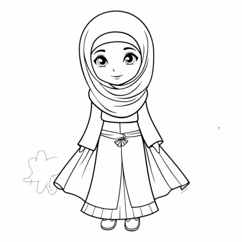 Cute cartoon muslim girl in hijab. Coloring book for children.