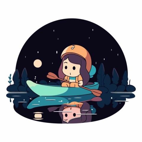 cute cartoon girl kayaking on the river at night vector illustra