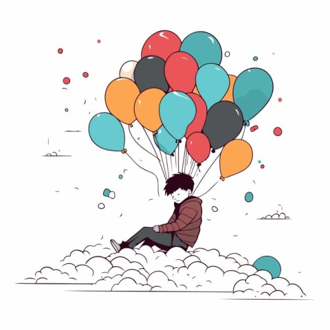 Vector illustration of a young man flying on a bunch of colorful