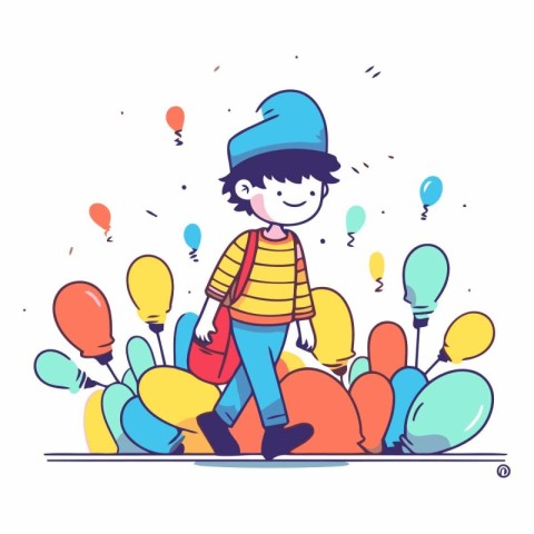 Vector illustration of a little boy in a hat and colorful balloo