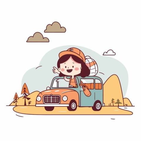 Cute little girl travel by car in cartoon style.