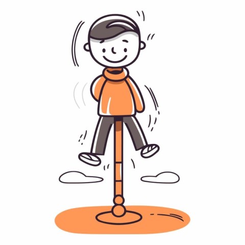 Vector illustration of happy boy jumping on stick. Line art styl