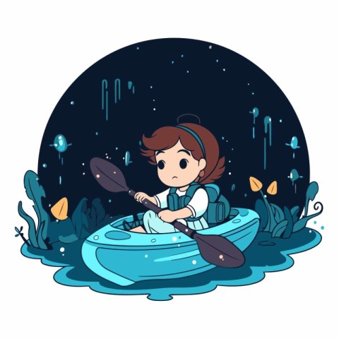 Illustration of a little boy paddling a kayak at night