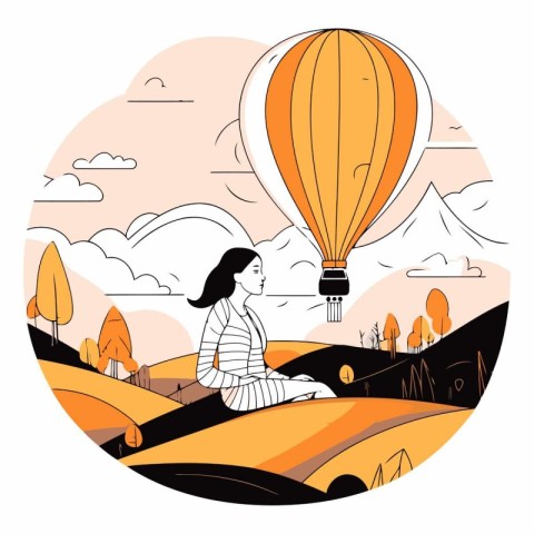 Girl in a hot air balloon in the field.