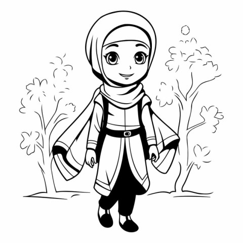 Muslim girl in traditional clothes walking in the park.