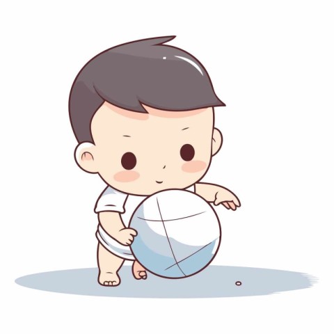 Cute baby boy playing with a ball. Cartoon vector illustration.