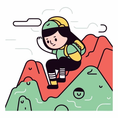 Little girl climbing on a mountain in cartoon style.