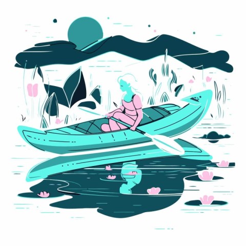 Vector illustration of a woman in a boat on the lake. The concep