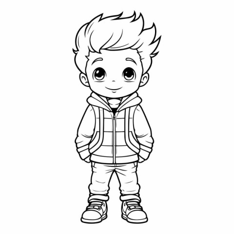 Cute little boy in warm winter clothes for coloring book