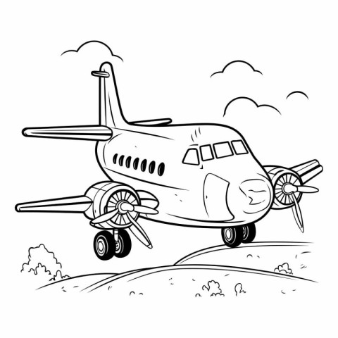 Airplane on the road. Hand drawn vector illustration in cartoon