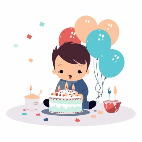 Cute boy with birthday cake and balloons. Vector cartoon illustr