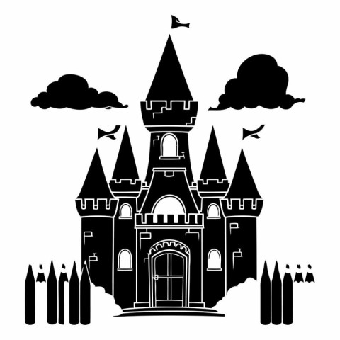 Fairytale castle. Black and white vector illustration isolated o