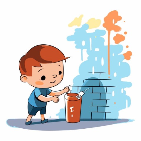 Boy painting a wall with paintbrush of a child painting a wall.