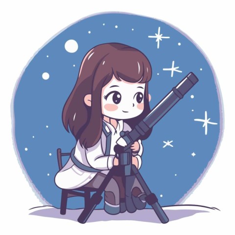 Cute little girl with telescope in cartoon style.