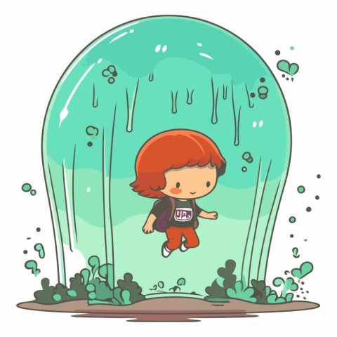 Little boy playing in the rain in cartoon style.