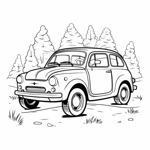 Retro car on the road in the forest.