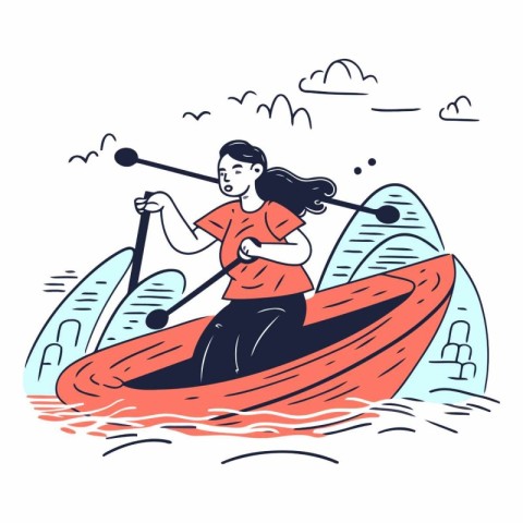 Woman rowing on a boat in doodle style.