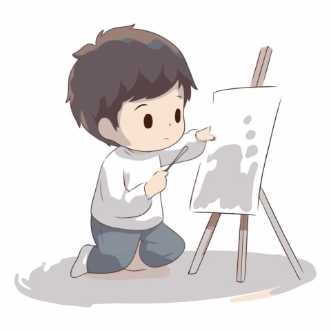 Boy painting a picture on the easel. Vector cartoon illustration