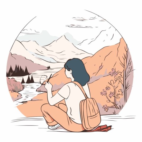 Young woman sitting on the shore of a mountain river and looking