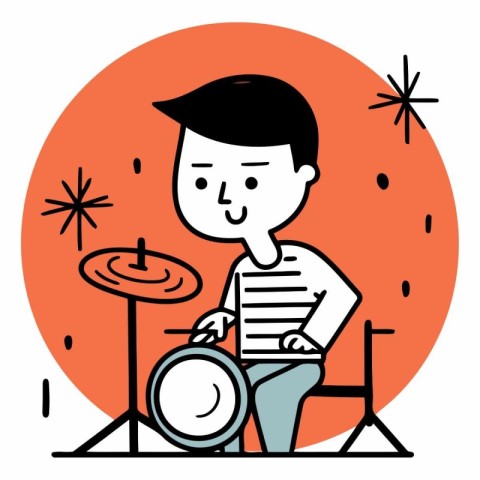 Illustration of a man playing drum set on a white background.