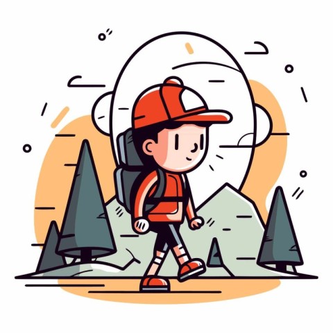 Little boy hiking in the mountains in thin line style.