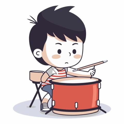 Boy playing drum cartoon character vector illustration. Cute boy