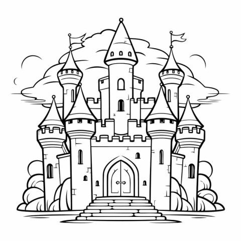 Castle in cartoon style. Black and white vector illustration for