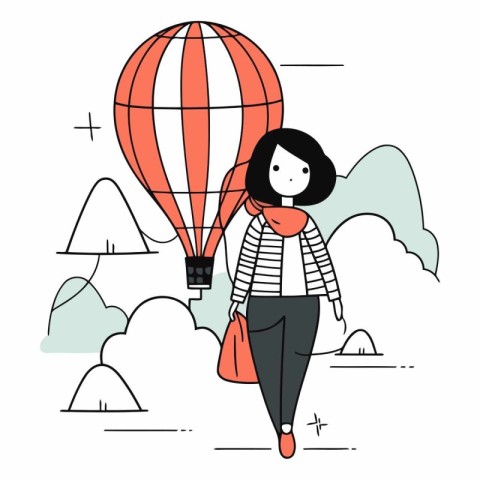 Girl with hot air balloon in thin line style.