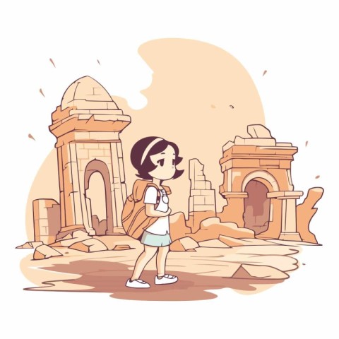 Vector illustration of a woman tourist with a backpack in the an