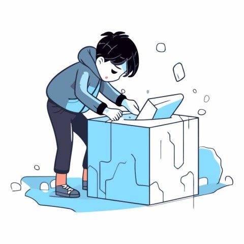 Illustration of a boy in a hood with a box of ice.