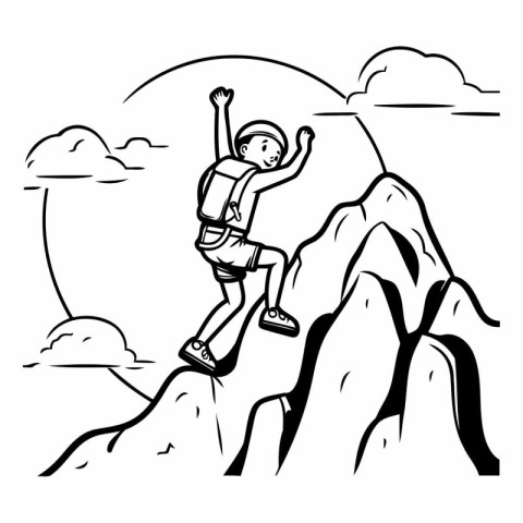 Illustration of a man climbing on a mountain top with arms outst