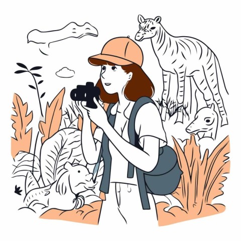 Girl tourist with a camera and a giraffe in the jungle