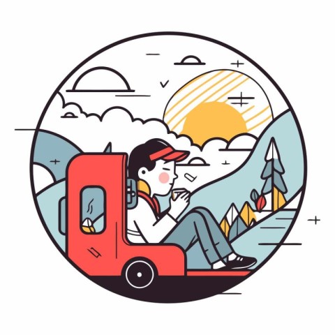 Vector illustration of a man sitting in a car on the road.