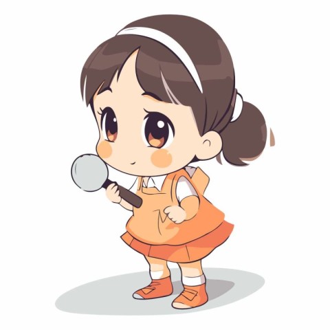 Cute little girl holding magnifying glass. Cartoon vector illust