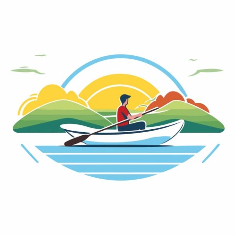 Man rowing on a small boat on the lake