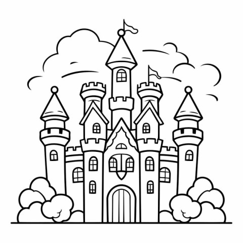 Cartoon castle on white background for coloring book.