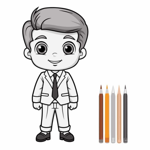 Cute boy with pencils on white background.