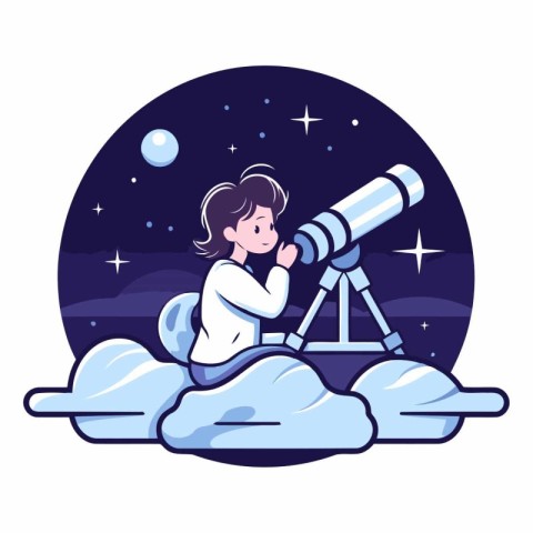 Vector illustration of a boy looking through a telescope in the