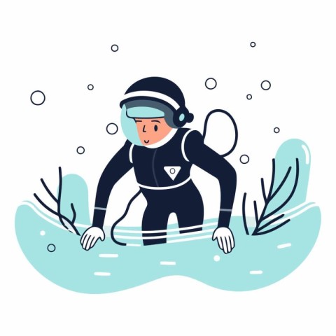 Cute scuba diver in helmet and mask.